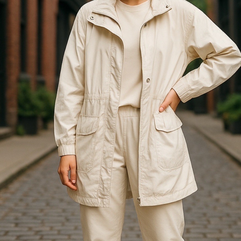 Athleta Coat, White, drawstring around middle, perfect for spring